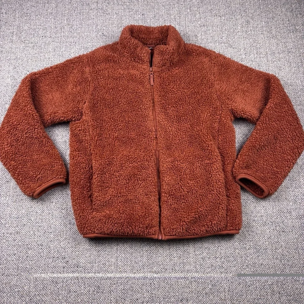 UNIQLO Girls Fluffy Yarn Fleece Full Zip Jacket Coat Burnt Orange Rust Warm 9/10